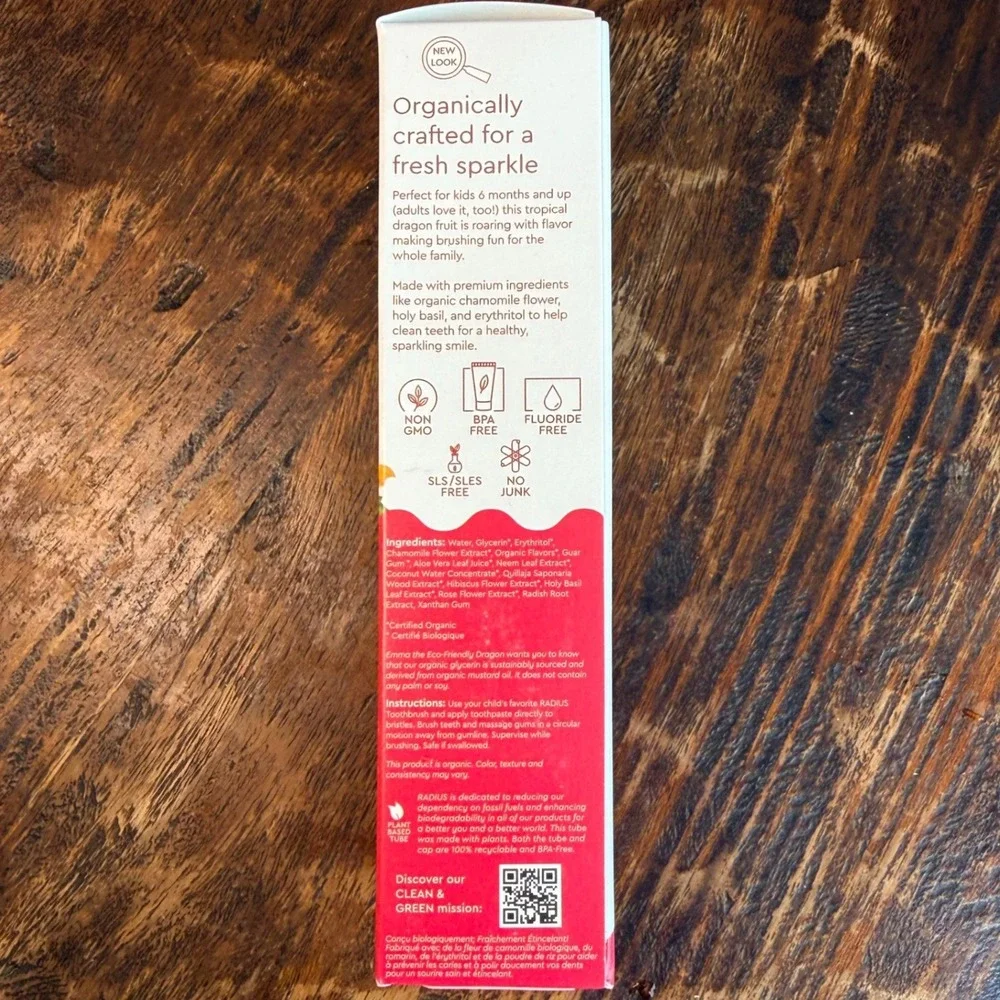 RADIUS Kids Organic Dragon Fruit Toothpaste Fluoride Free 3oz USDA Organic 07/27
